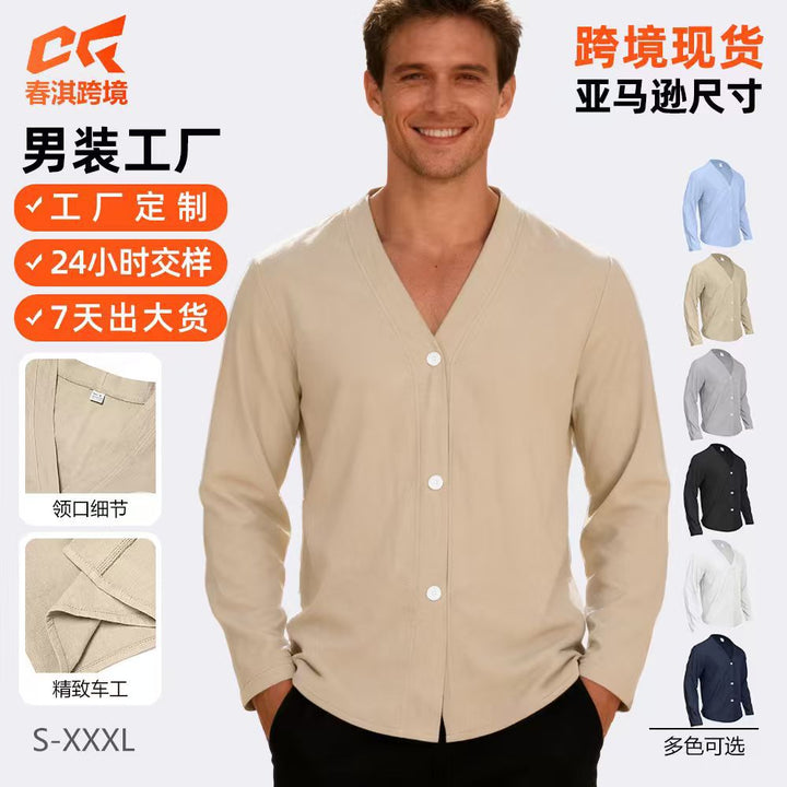 跨境欧美亚马逊TEMU秋季新款男士休闲纯色针织纽扣开衫长袖衬衫男