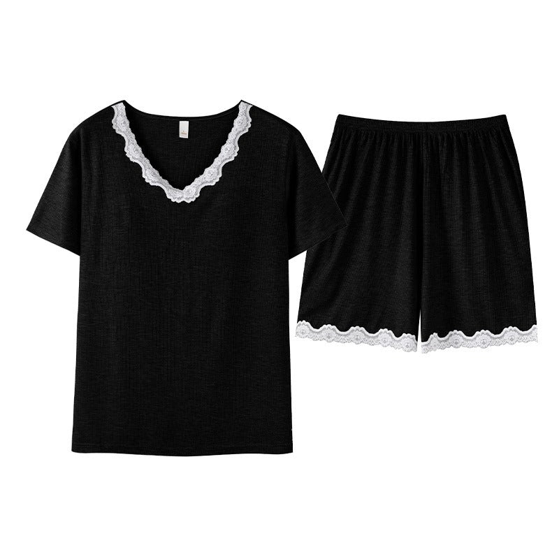 莫代尔睡衣女带胸垫短袖短裤夏季V领蕾丝宽松套头大码家居服套装