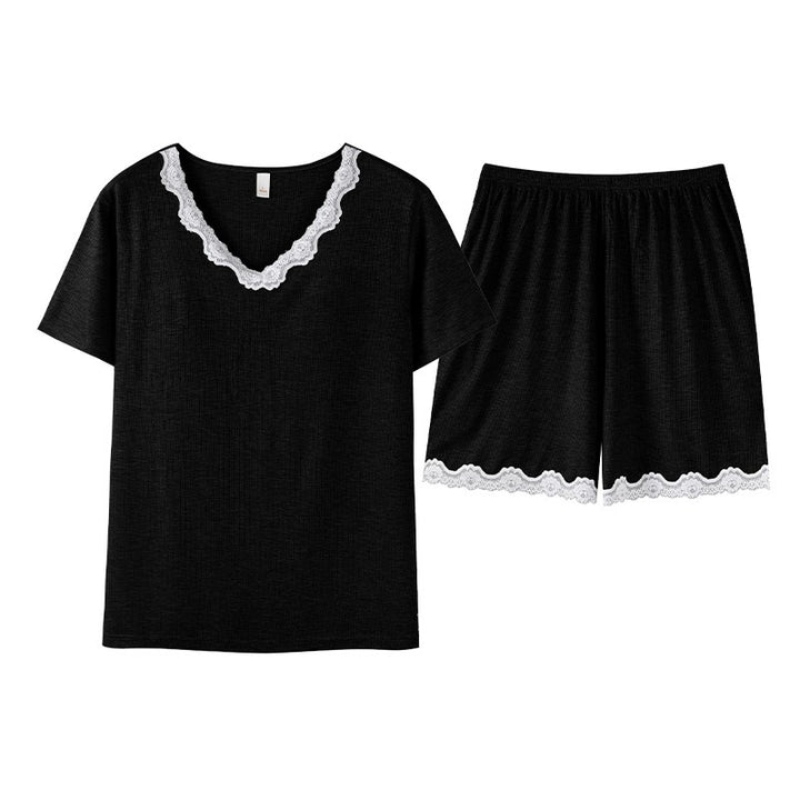 莫代尔睡衣女带胸垫短袖短裤夏季V领蕾丝宽松套头大码家居服套装
