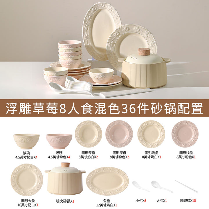 Bowl & Plate Tableware Set Embossed Plate Ceramic Bowl Plate Premium Feel French