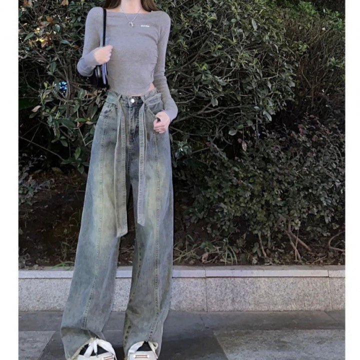 美式窄版阔腿牛仔裤女秋季新款高腰绑带设计感宽松显瘦拖地裤子潮