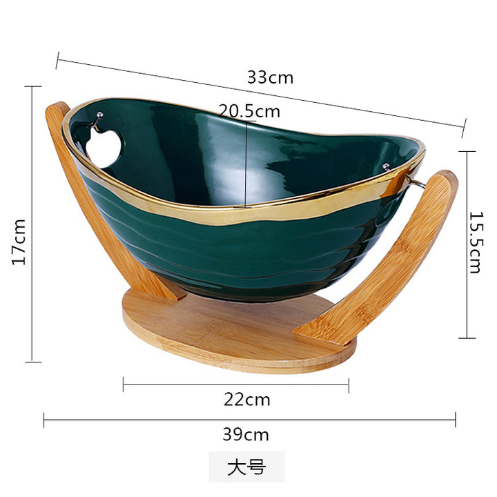 轻奢复古金边陶瓷水果篮水果盘家用客厅创意元宝果盘竹木套装批发