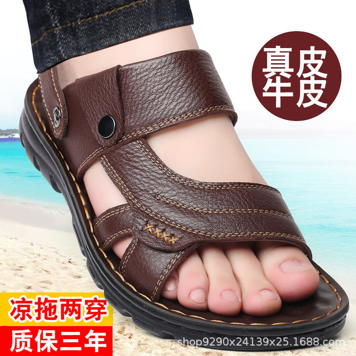 男士真皮夏季凉鞋软底防滑厚底休闲沙滩鞋两穿牛皮男款外穿凉拖