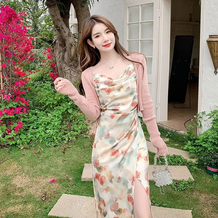 French Gentle Floral Slip Dress with Cardigan – Sexy Bodycon Maxi Dress Summer