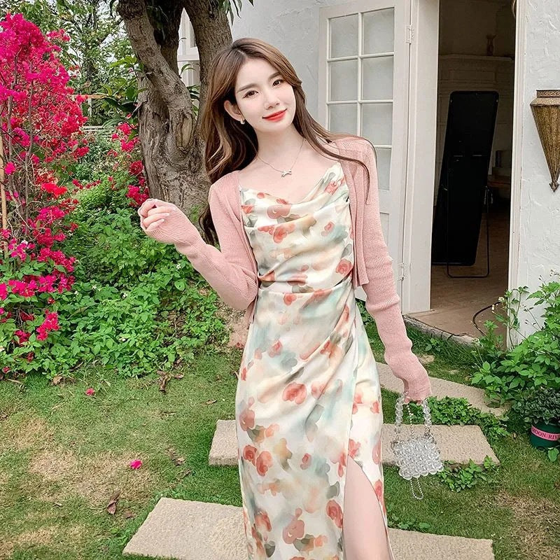 French Gentle Floral Slip Dress with Cardigan – Sexy Bodycon Maxi Dress 2026 Summer