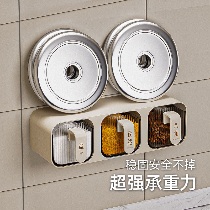壁挂一体多格调料盒组合套厨房家用品防潮收纳盐味精塑料罐置物架