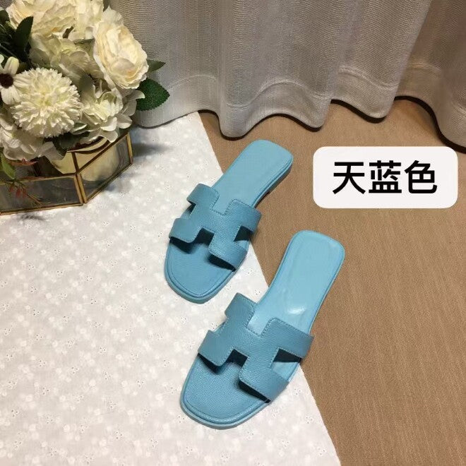 外贸批发经典H女鞋平底居家一字平跟沙滩休闲凉鞋外穿百搭泡沫