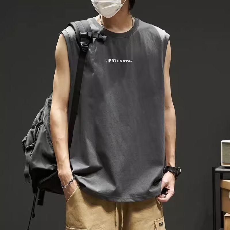 棉质坎肩背心男夏季时尚运动篮球无袖T恤青少年潮流印花宽松汗衫