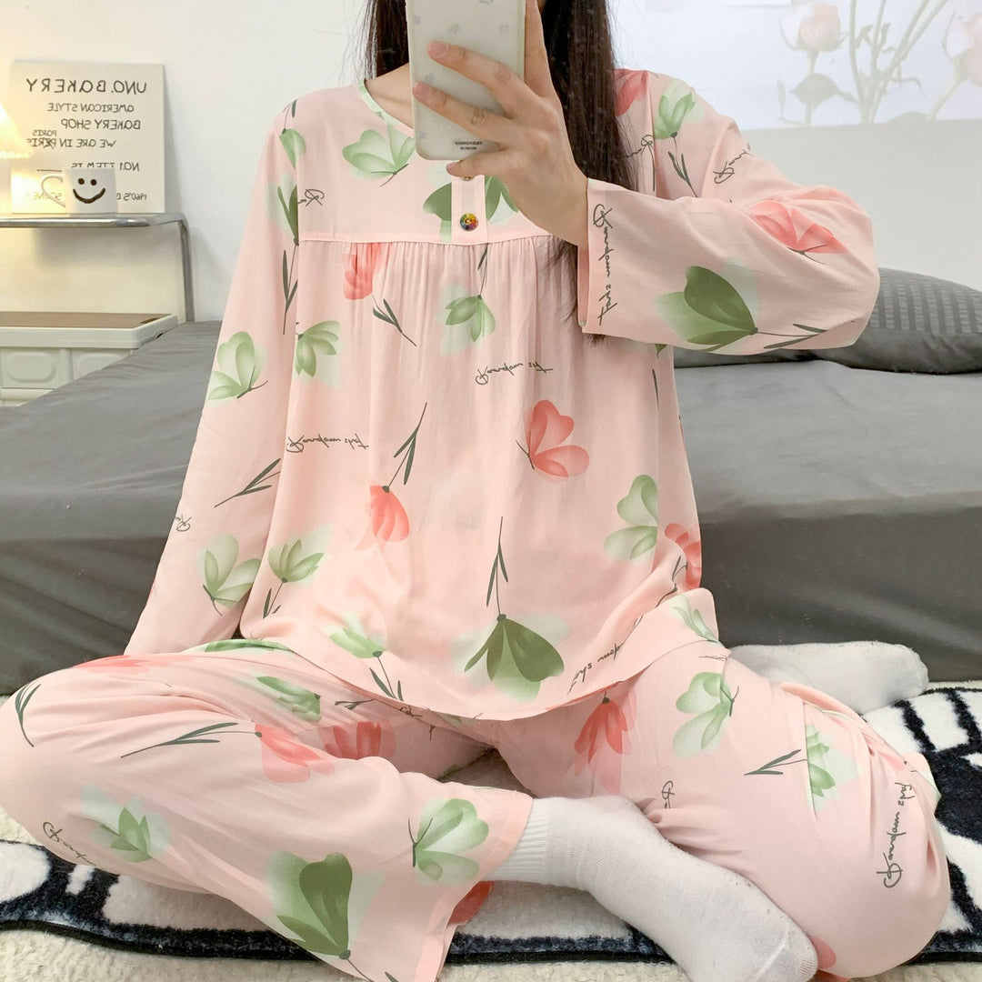 依妮衫人棉绸长袖睡衣女爆款女士家居服夏季长袖人棉套装一件代发
