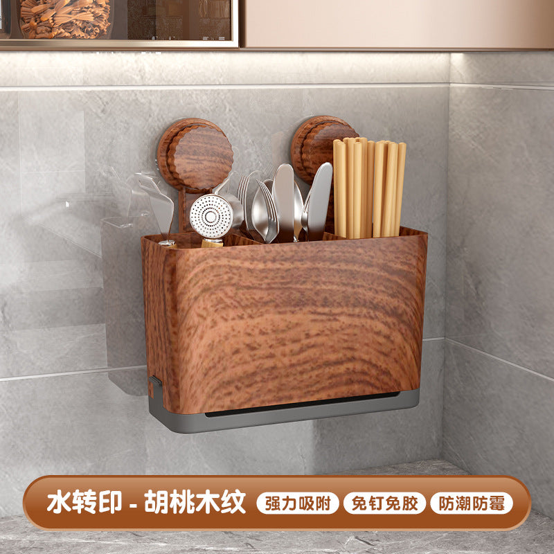 筷子收纳盒壁挂式厨房餐具木质中古沥水置物架家用勺子筷笼筷子筒