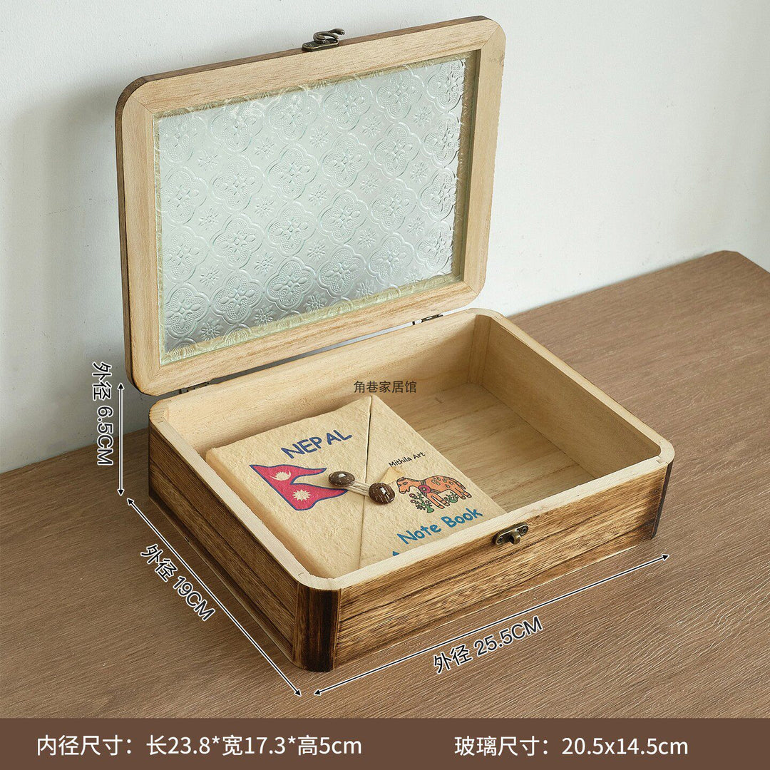 木质海棠花玻璃化妆品收纳盒桌面摆设复古风八边型翻盖防尘木盒