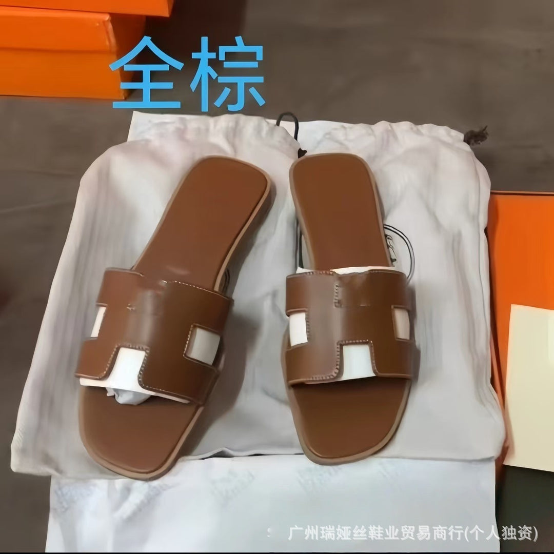 外贸批发经典H女鞋平底居家一字平跟沙滩休闲凉鞋外穿百搭泡沫