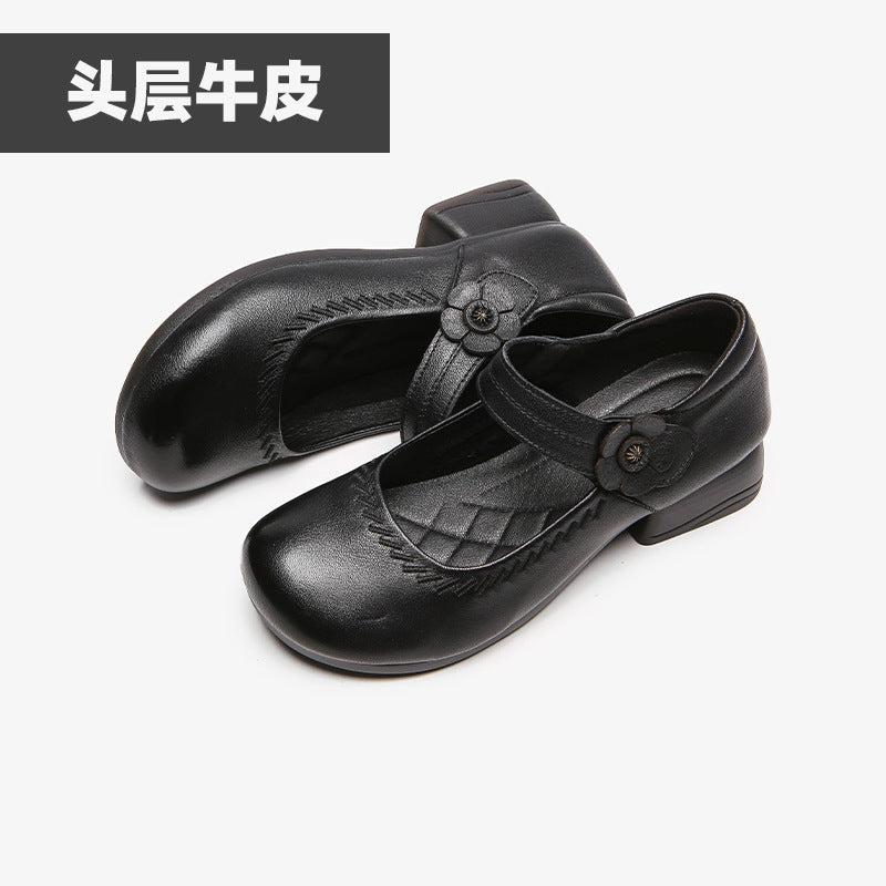 真皮妈妈鞋女坡跟魔术贴浅口单鞋防滑耐磨透气休闲小单鞋2026新款