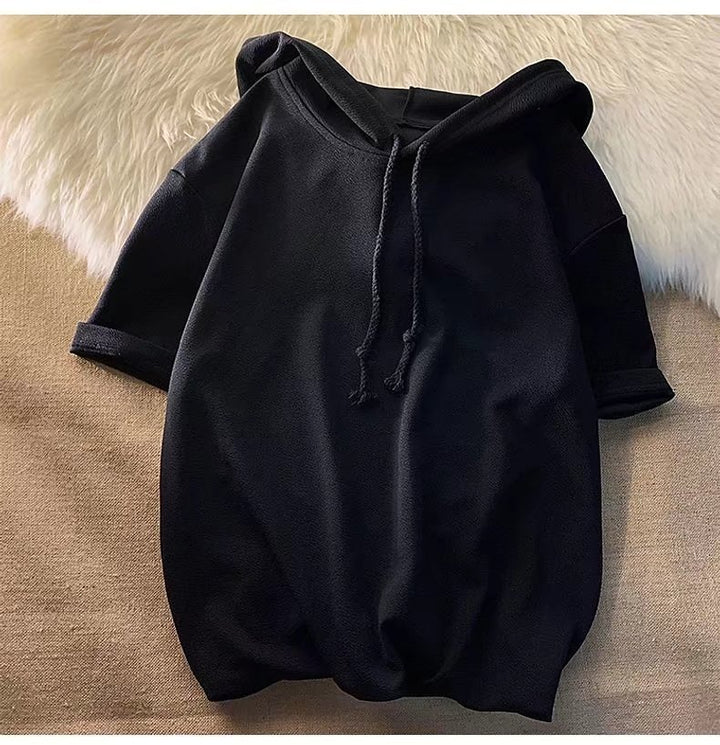 连帽短袖T恤男简约百搭卫衣夏季chic港味oversize衣服ins半袖上衣