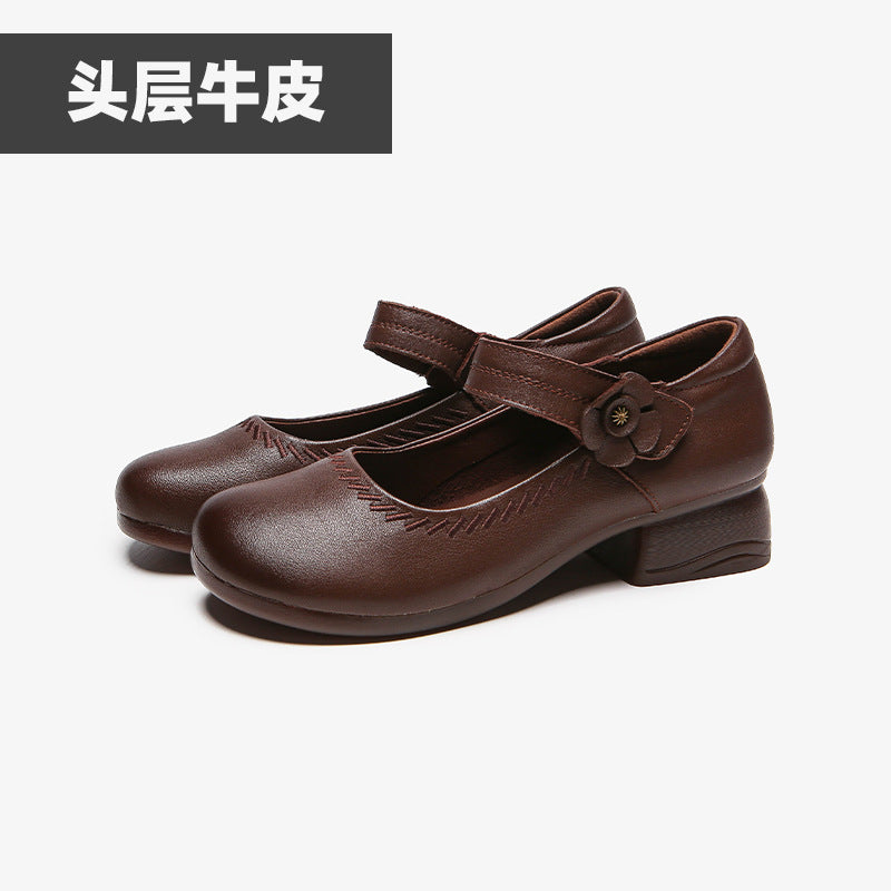 真皮妈妈鞋女坡跟魔术贴浅口单鞋防滑耐磨透气休闲小单鞋2026新款