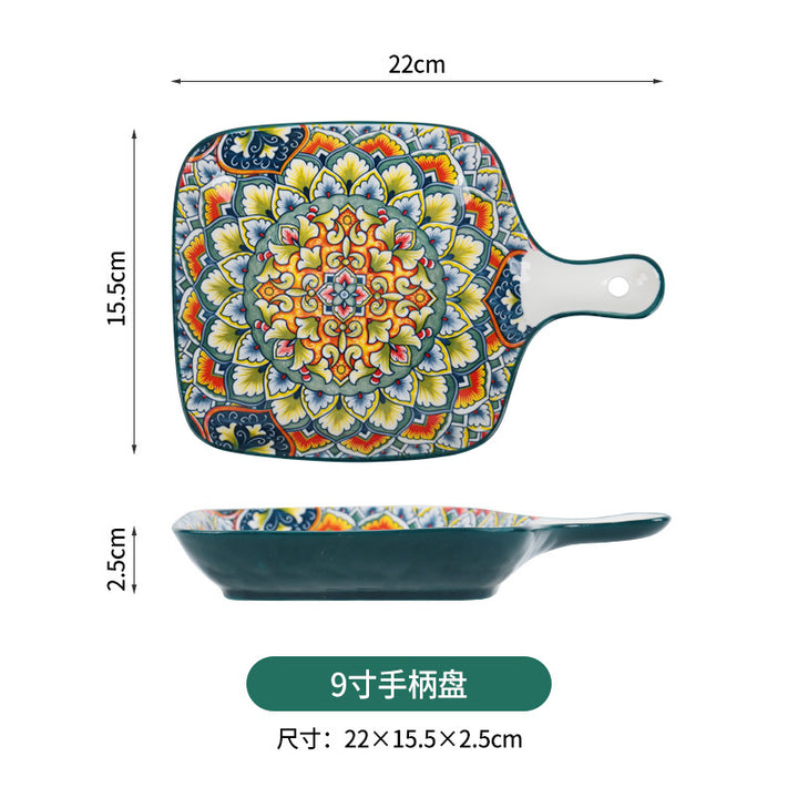 跨境波西米亚陶瓷餐具创意家用釉下彩饭碗汤碗手柄盘烤盘餐具套装