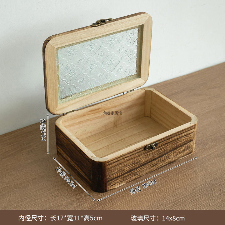 木质首饰盒复古杂物储物箱家用桐木防尘翻盖海棠花玻璃桌面收纳盒