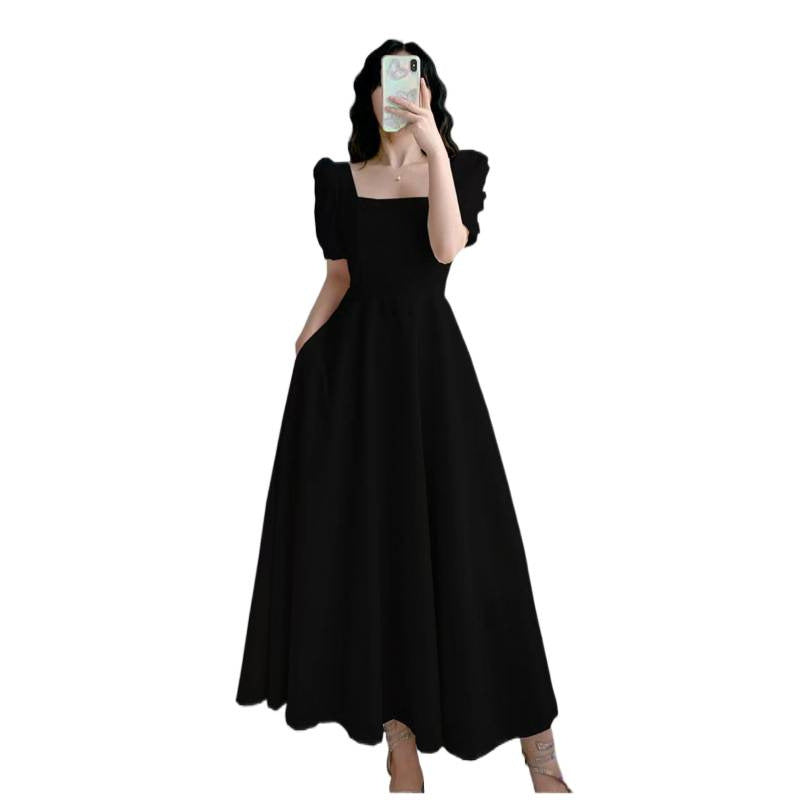 Plus Size Hepburn Style Little Black Dress – French Vintage Square Neck Puff Sleeve Slim Midi Dress