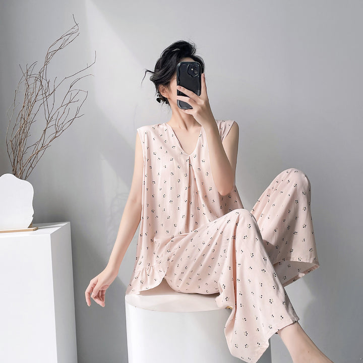 2026新款棉绸睡衣女春夏季带胸垫纯色大码无袖背心长裤家居服套装