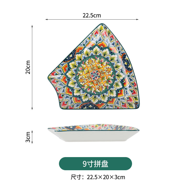 跨境波西米亚陶瓷餐具创意家用釉下彩饭碗汤碗手柄盘烤盘餐具套装