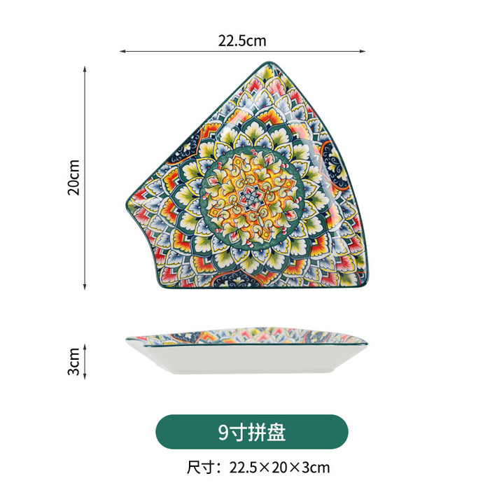 跨境波西米亚陶瓷餐具创意家用釉下彩饭碗汤碗手柄盘烤盘餐具套装