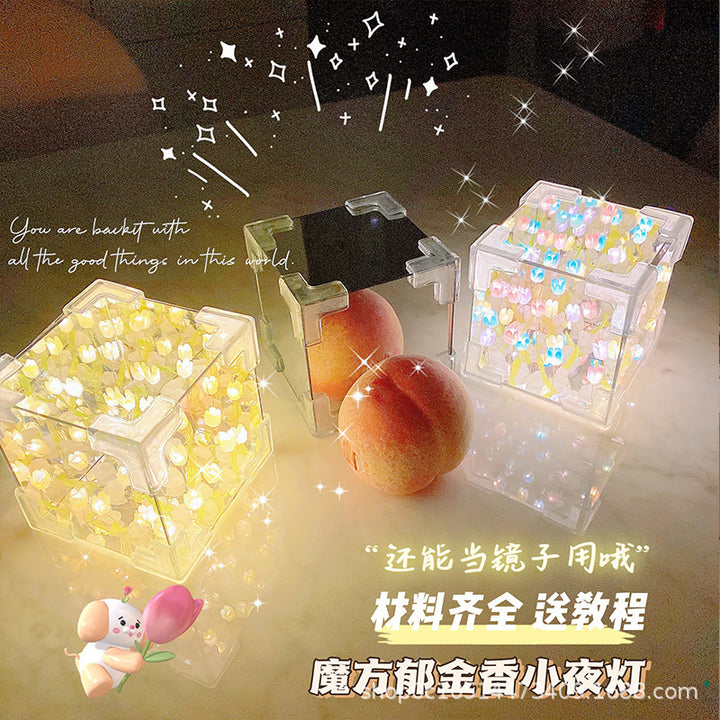 七夕礼物郁金香花小夜灯手工 diy海魔方立体镜子创意女朋友闺蜜