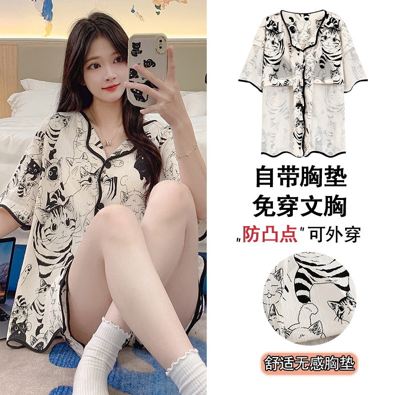 带胸垫清凉睡衣女款爆款2026年新款夏季大码开衫网红夏天家居服夏