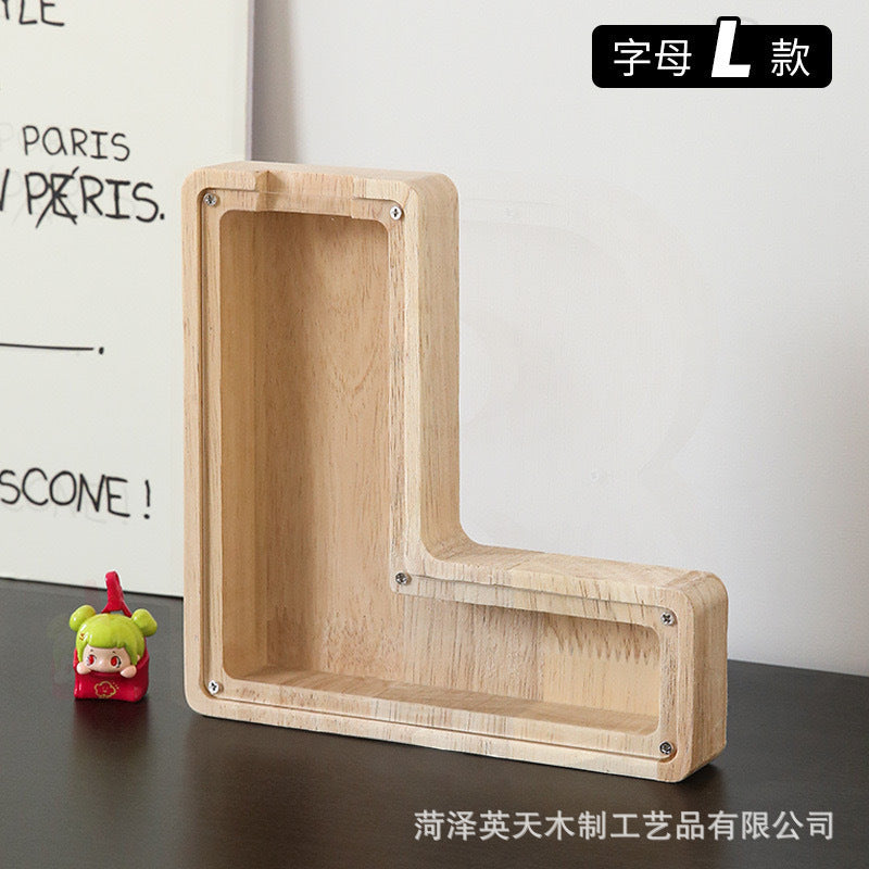 现货木质26个英文字母储蓄罐儿童小玩具收纳盒透明亚克力存钱罐子