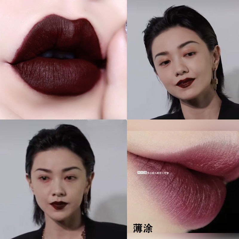 欧美风棕色暗黑深色口红吸血鬼姨妈红深紫色巧克力棕哑光唇膏持久