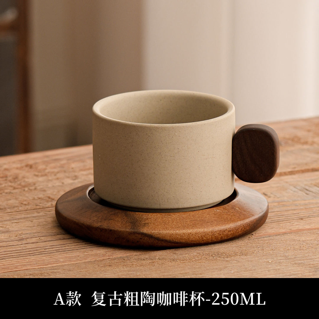 陶土咖啡杯中古风花茶马克杯咖啡杯套装木杯垫送人客户伴手礼logo