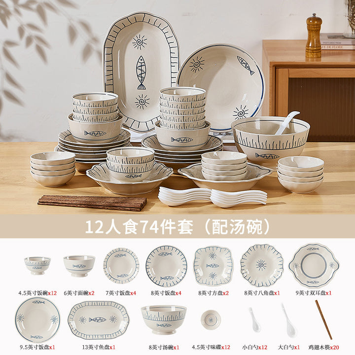 日式釉下彩陶瓷碗盘套装家用餐具一人食高颜值餐具套装乔迁送礼