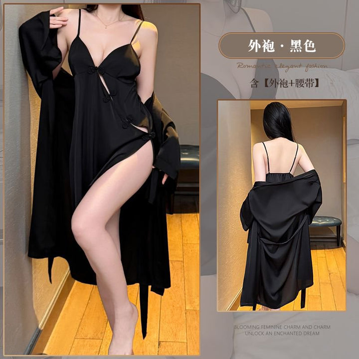 唯美纱性感内衣女 性感吊带睡裙复古盘扣可解前开 新中式纯欲睡裙