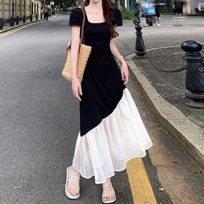 Plus Size French Short Sleeve Dress – Slim Waist Hepburn Style Color Block Midi Dress