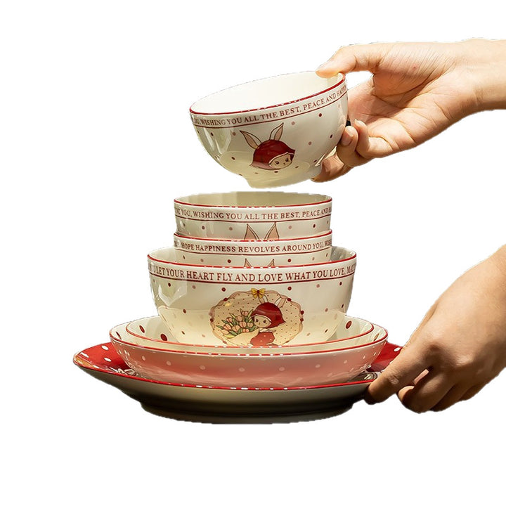 KANGMO Vintage Style Ceramic Dining Set - Red Bowls Plates & Chopsticks Housewarming