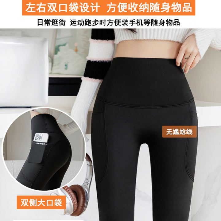 加厚羊羔绒鲨鱼裤冬高腰双口袋显瘦保暖瑜伽裤大码外穿防风打底裤