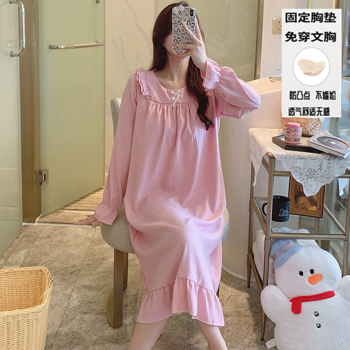 秋季新款简约纯色长袖睡裙女士云朵棉圆领蝴蝶结带胸垫宽松中长款