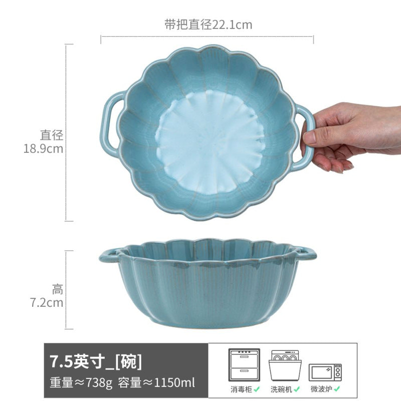 复古双耳陶瓷碗面碗酸奶碗双耳碗圆形菜碗汤碗日式碗餐具批发窑变