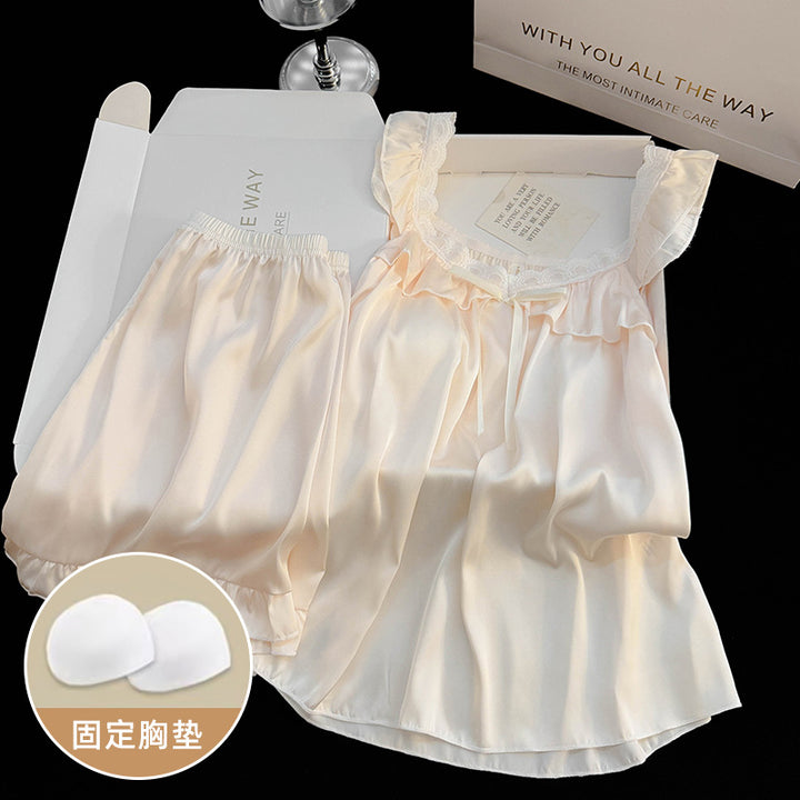 公主风睡衣女夏季蕾丝花边冰雪丝吊带短裤带胸垫高级感家居服套装