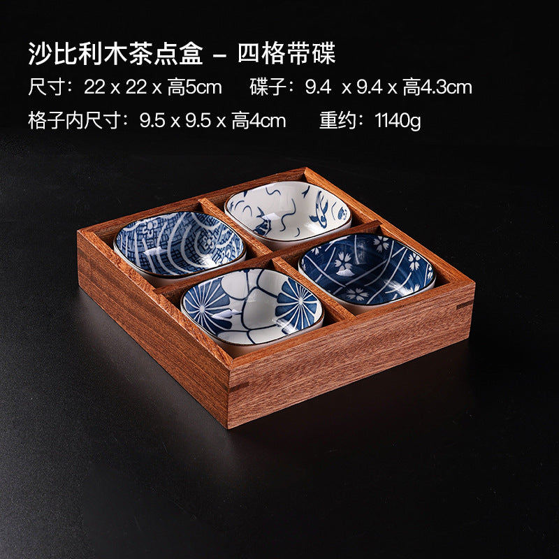 九宫格木制品干果盘新款中式盘子果盘户外陶瓷围炉煮茶托盘碟套装