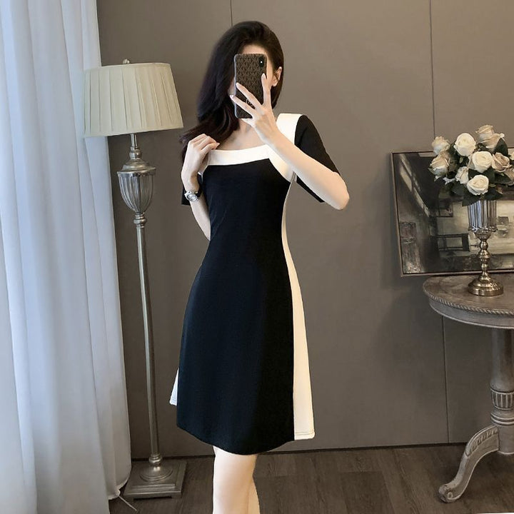 French Color-Block Slim Waist Spliced Summer Dress – Elegant Black & White Midi Dress