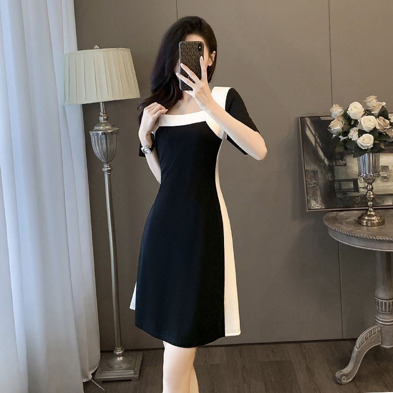 French Color-Block Slim Waist Spliced Summer Dress – Elegant Black & White Midi Dress