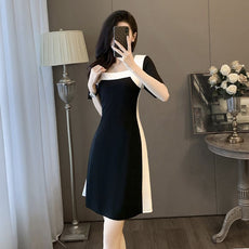 French Color-Block Slim Waist Spliced Summer Dress – Elegant Black & White Midi Dress
