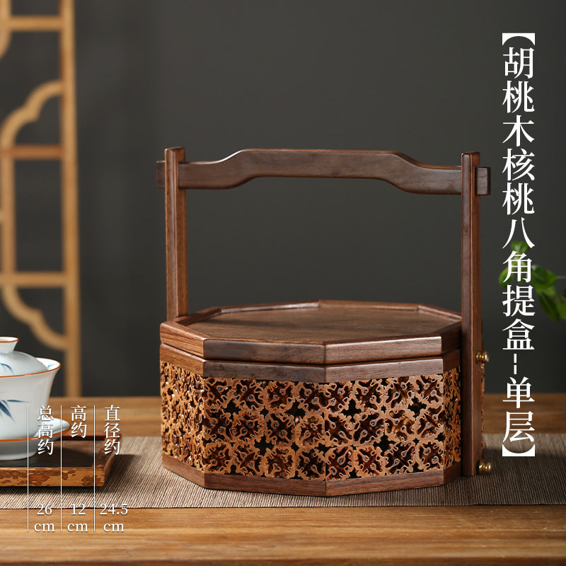 实木新中式盒子核桃工艺点心盒实木茶具收纳提篮胡桃木手提食盒子