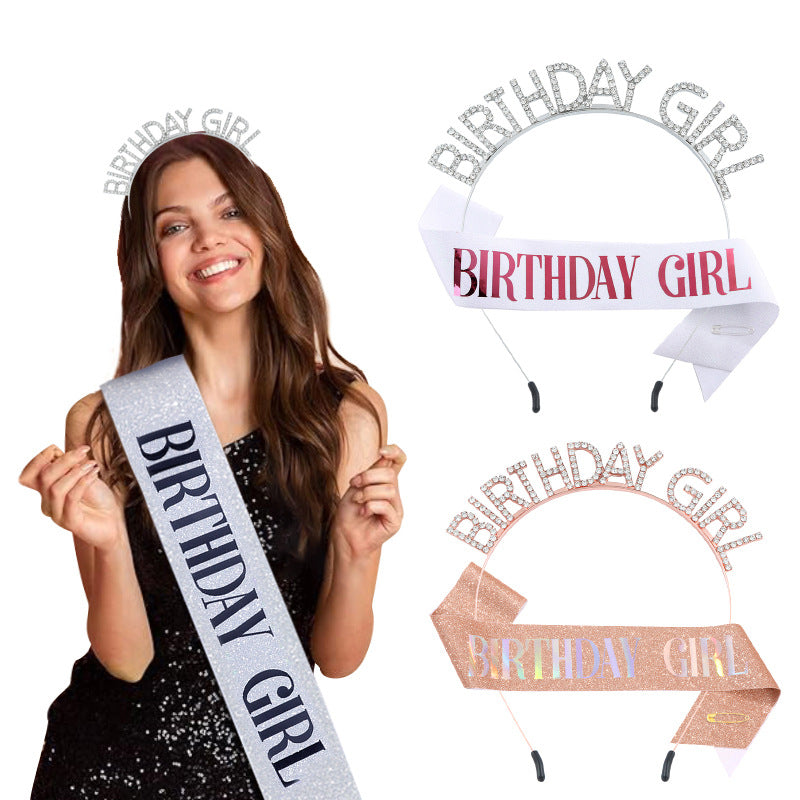 时尚水钻发箍肩带BIRTHDAY GIRL套装 女孩生日装饰腰带派对礼物