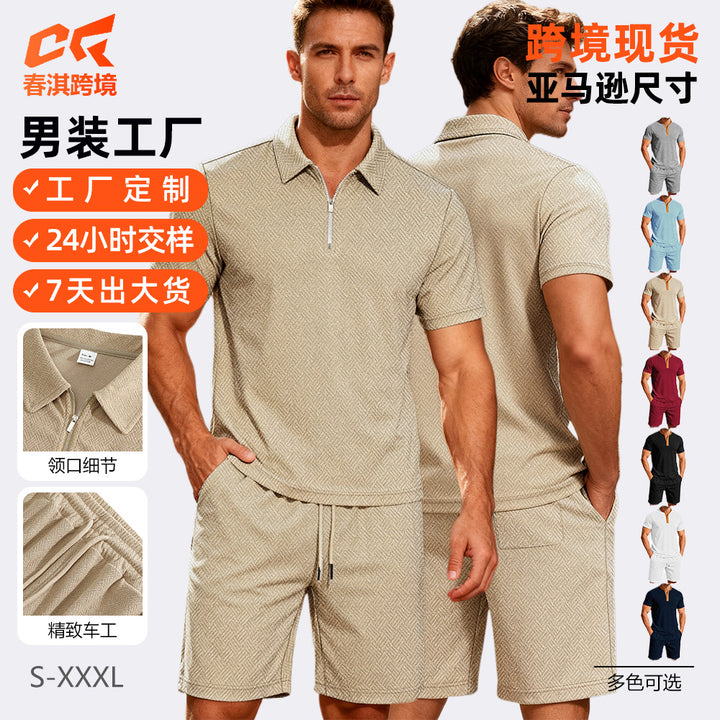 跨境男装夏季男士休闲套装新款外贸条纹短袖翻领时尚拉链纯色套装