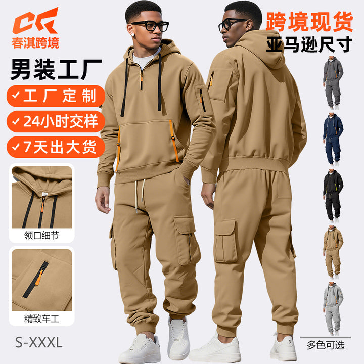 跨境新款秋冬男士加绒拉链卫衣时尚连帽衫多口袋潮酷风工装裤套装