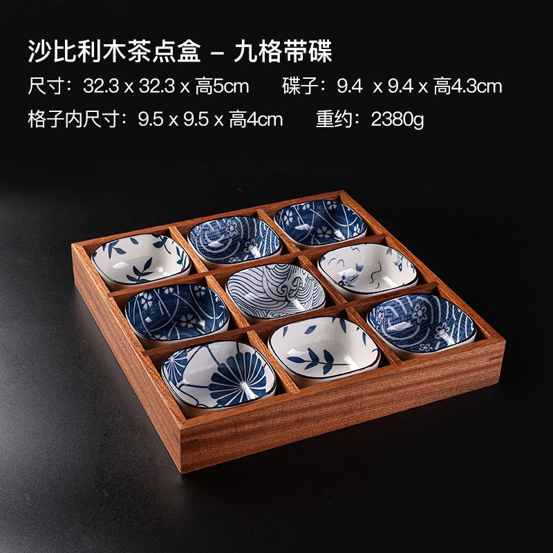 九宫格木制品干果盘新款中式盘子果盘户外陶瓷围炉煮茶托盘碟套装