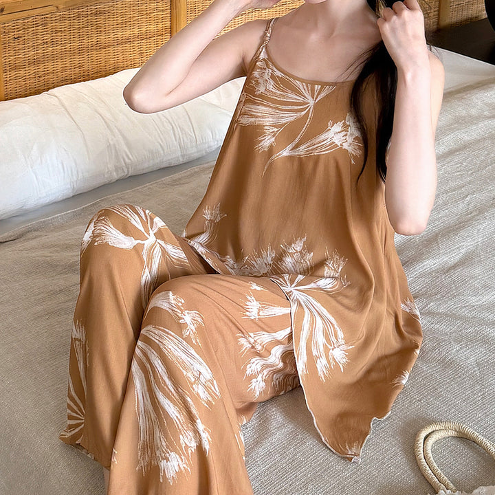 夏季女士棉绸吊带睡衣套装无袖印花防凸点家居服带胸垫绵绸两件套