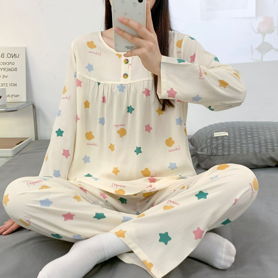 依妮衫人棉绸长袖睡衣女爆款女士家居服夏季长袖人棉套装一件代发