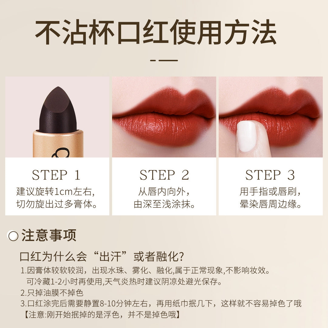 QXQY黑奢绒光不沾杯口红哑光防水豆沙色显色气质丝绒唇膏厂家代发